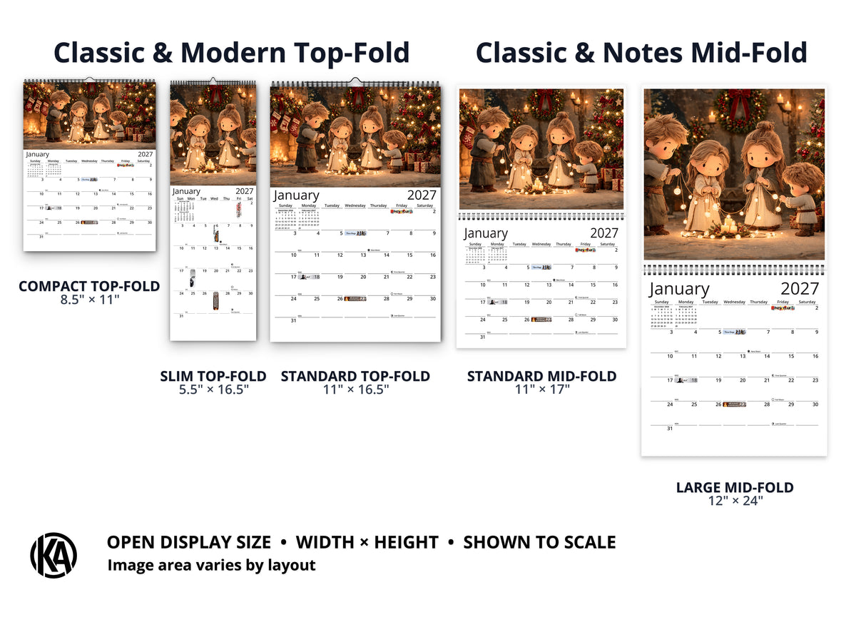 Christmas Wonder 2027 wall calendar layout and size options