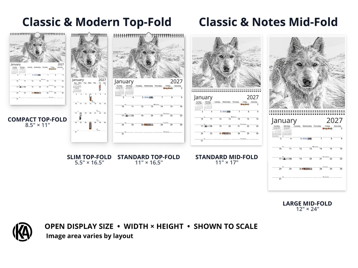 Dog Lover Sketches 2027 wall calendar layout and size options