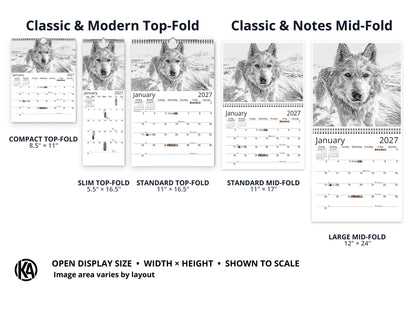 Dog Lover Sketches 2027 wall calendar layout and size options