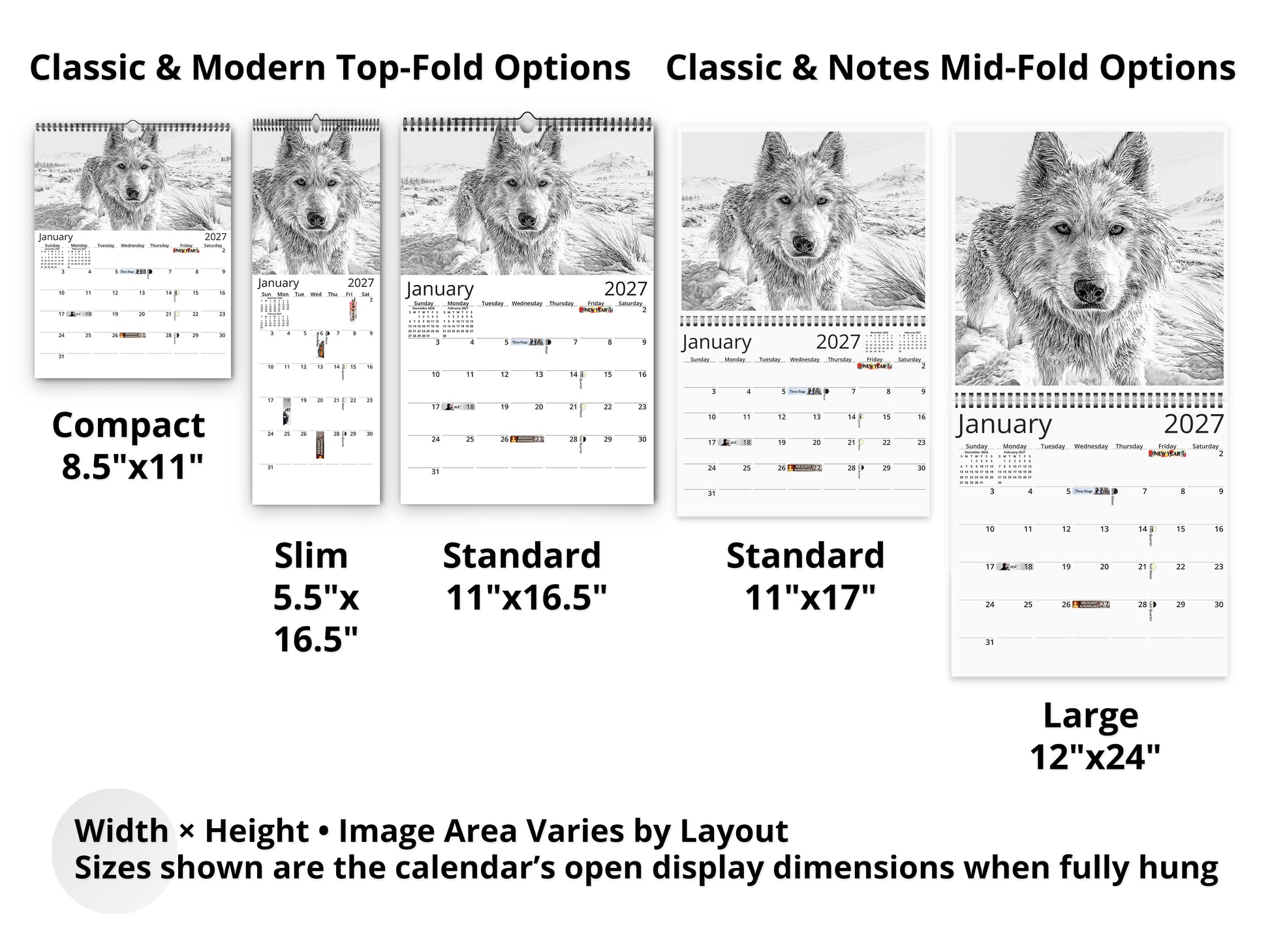 Dog Lover Sketches 2027 wall calendar layout and size options