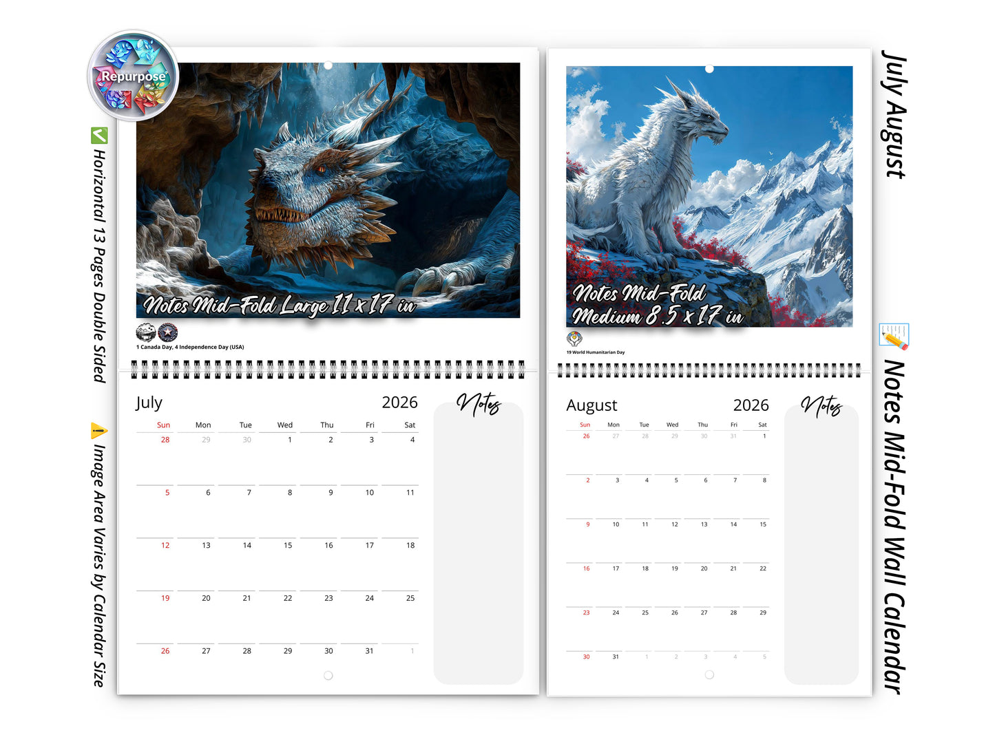 Calendario de pared de dragones 2026 de Kaleidoscope Artisan: ilustraciones de fantasía con festividades