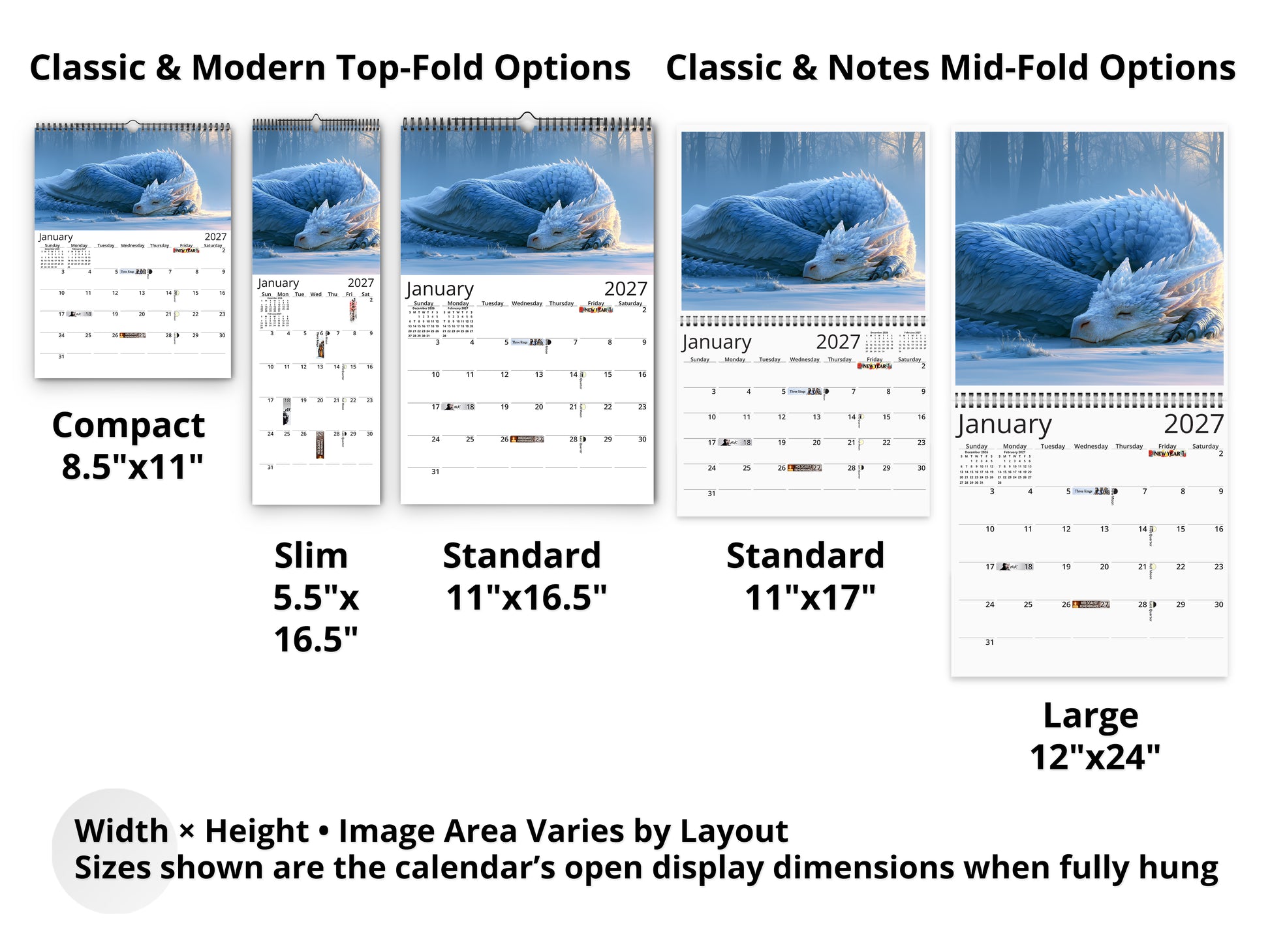 Dragon 2027 wall calendar layout and size options