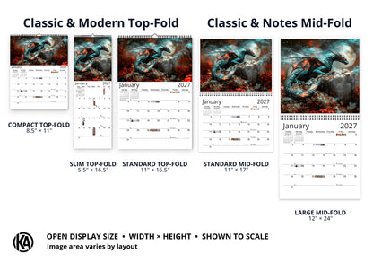 Dragon Dark 2027 wall calendar layout and size options
