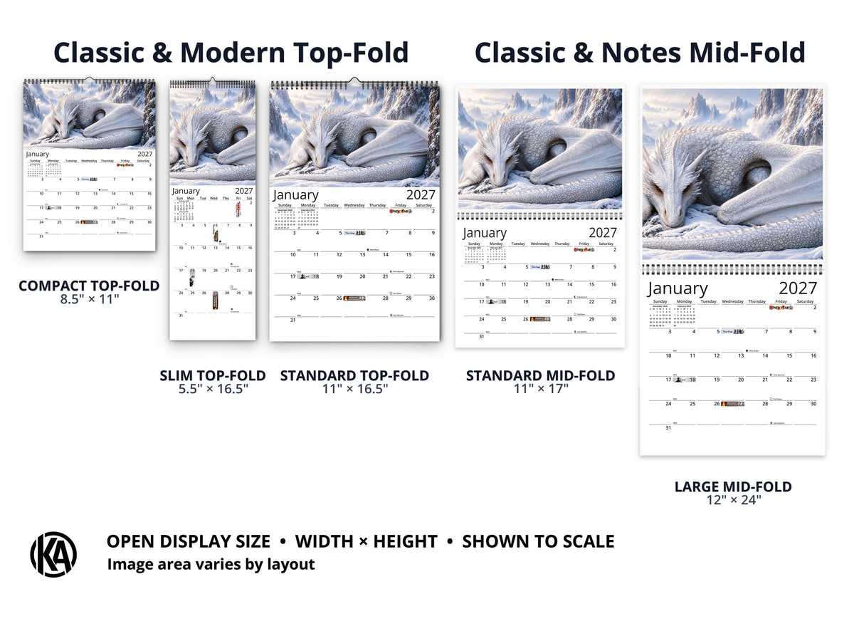Five Fantasy Dragon calendar sizes shown open to January, comparing top-fold and mid-fold layouts.