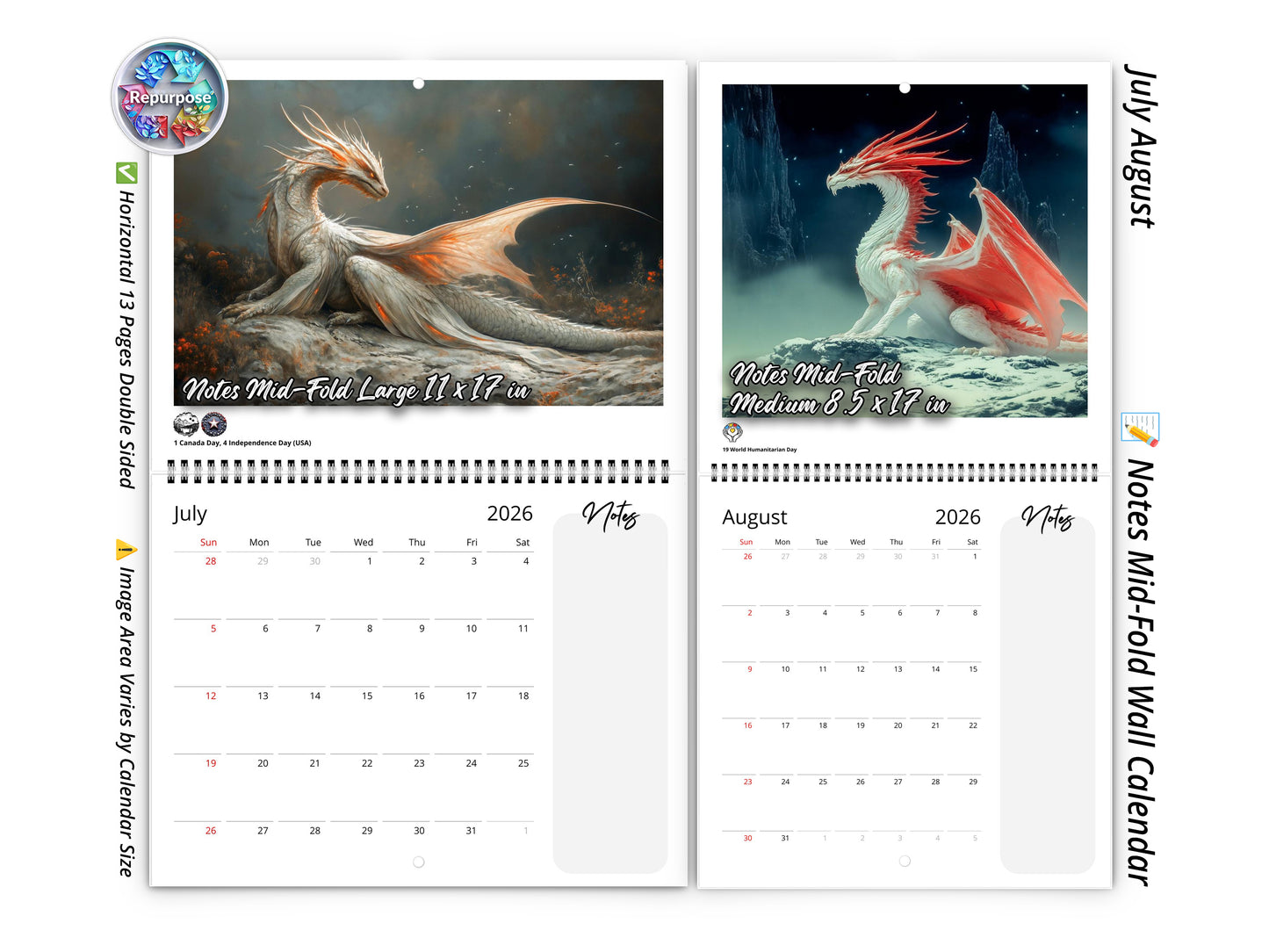 2026 Dragon Light Wall Calendar by Kaleidoscope Artisan – Majestic Dragon Realms with Holidays