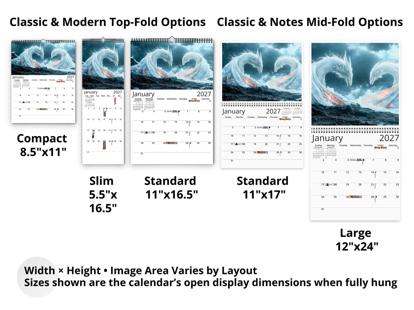Dragon Light 2027 wall calendar layout and size options