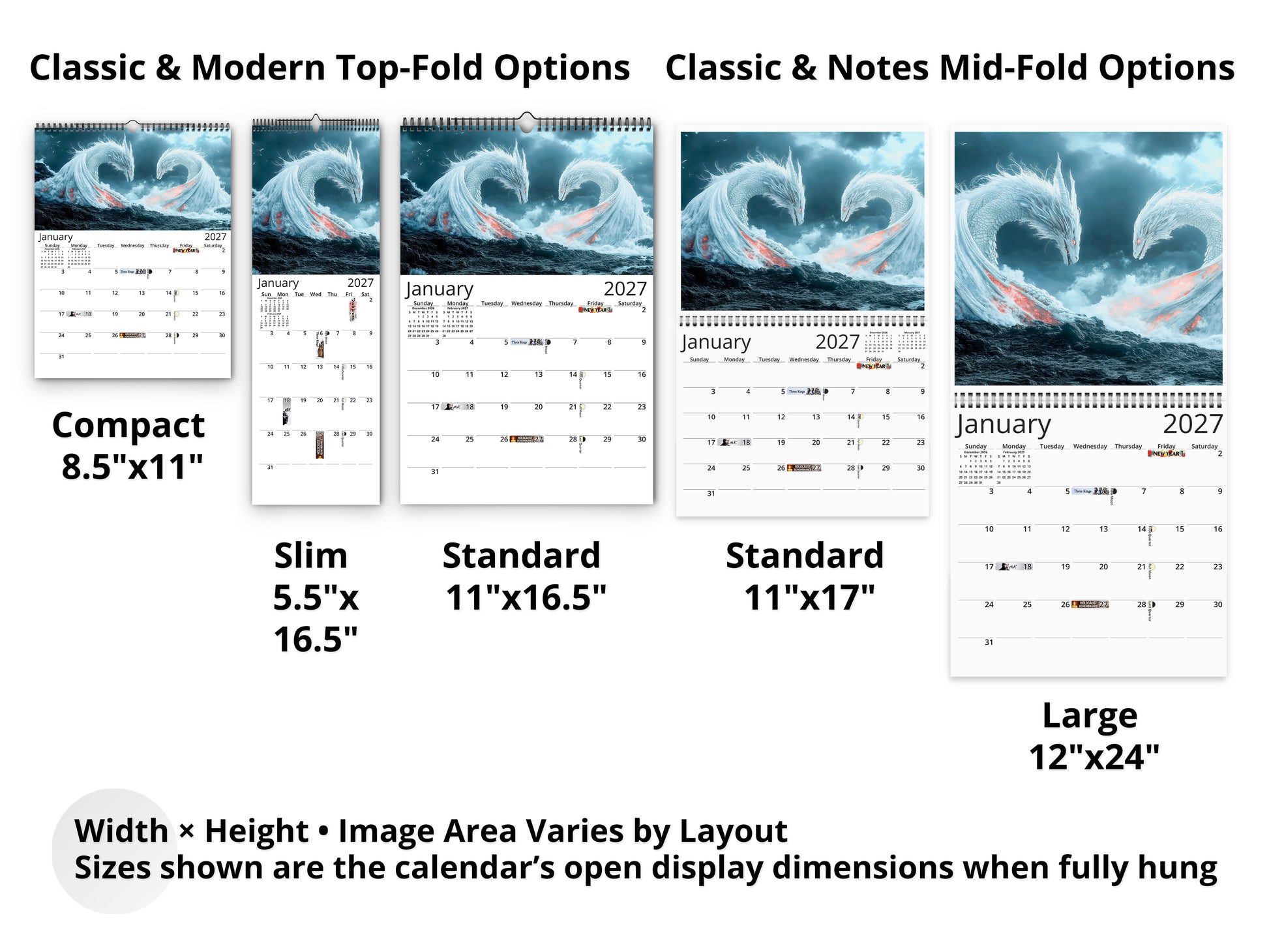 Dragon Light 2027 wall calendar layout and size options