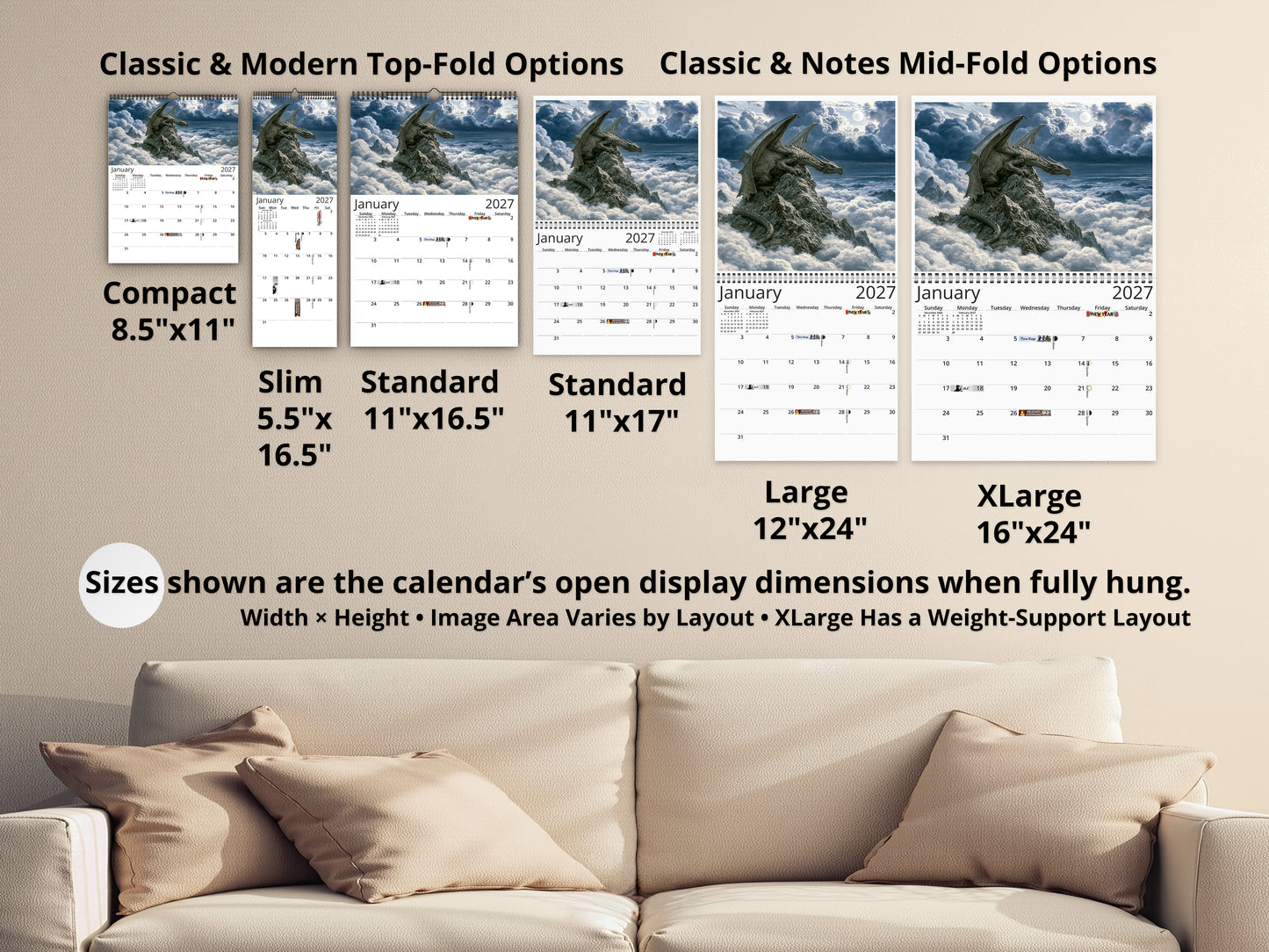 2027 Dragon’s Reign Wall Calendar by Kaleidoscope Artisan – Ancient Fire with Holidays