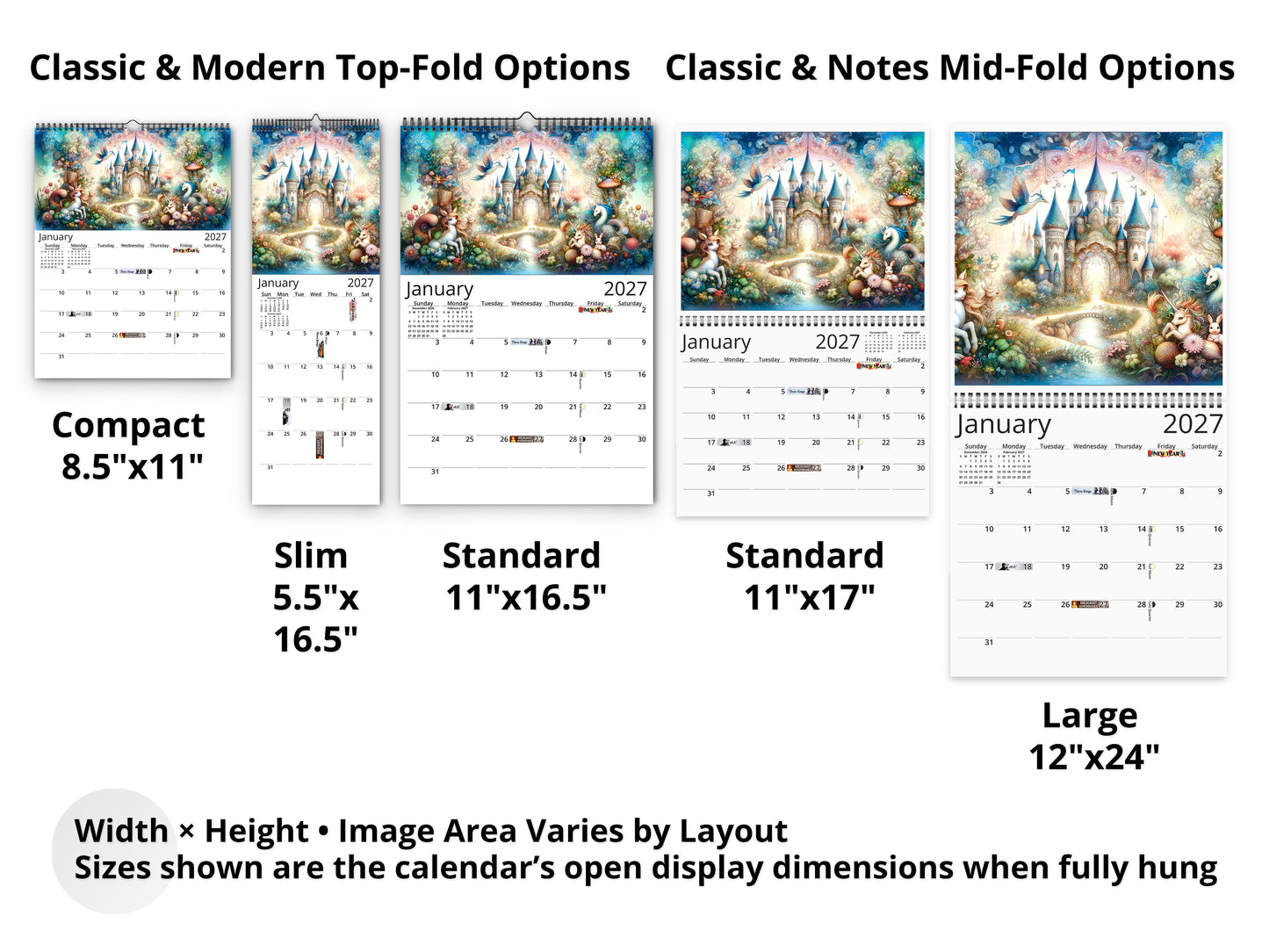 Enchanted 2027 wall calendar layout and size options