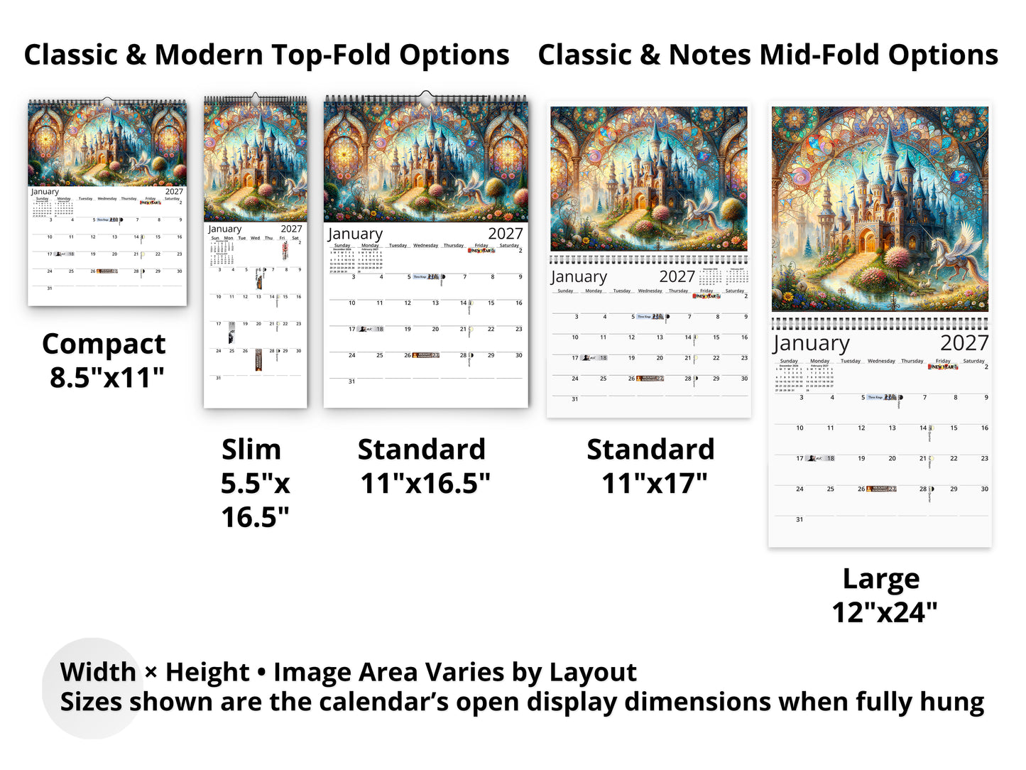 Enchanted Moments 2027 wall calendar layout and size options