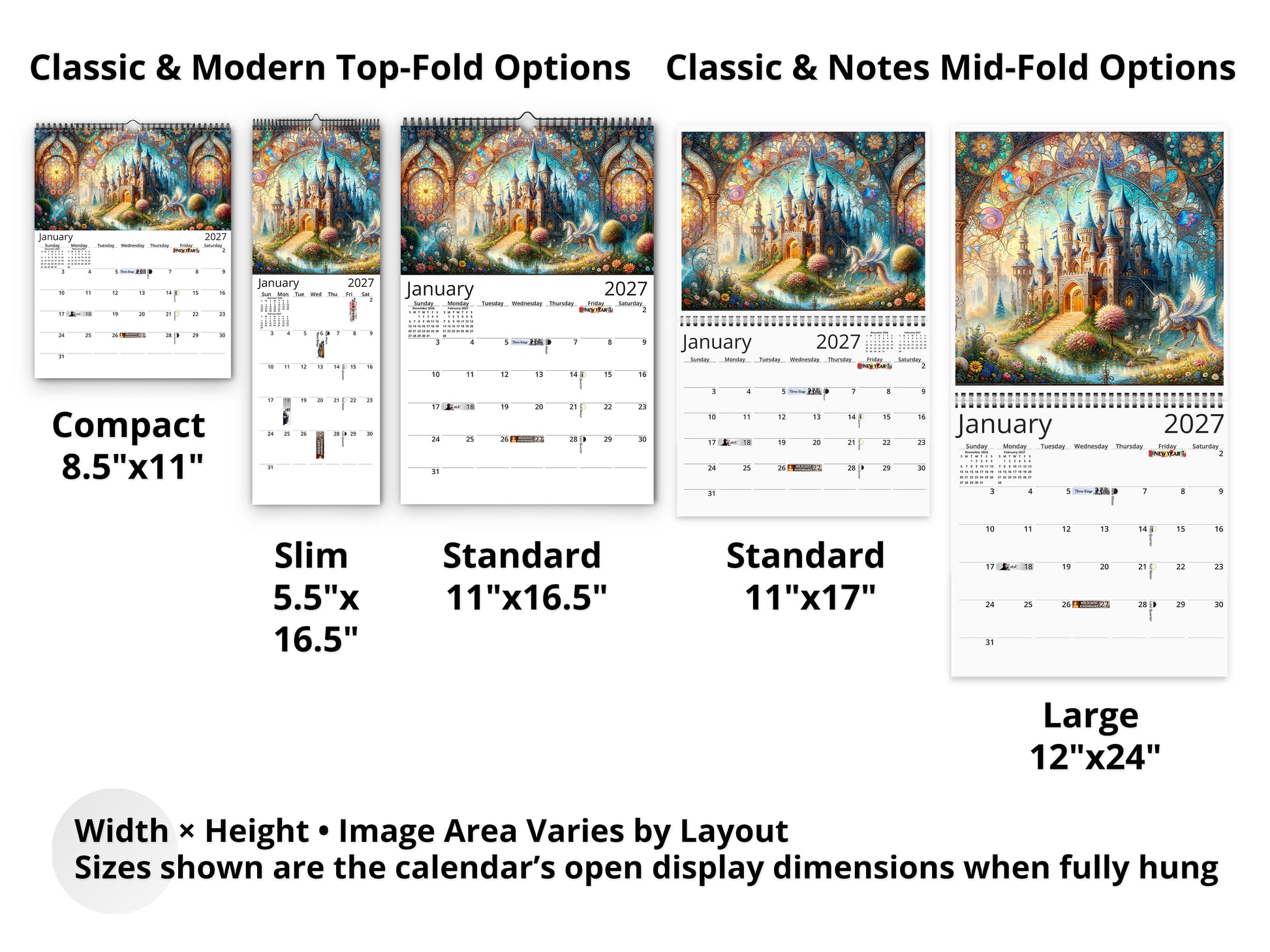 Enchanted Moments 2027 wall calendar layout and size options