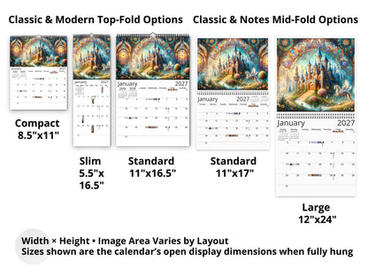 Enchanted Moments 2027 wall calendar layout and size options
