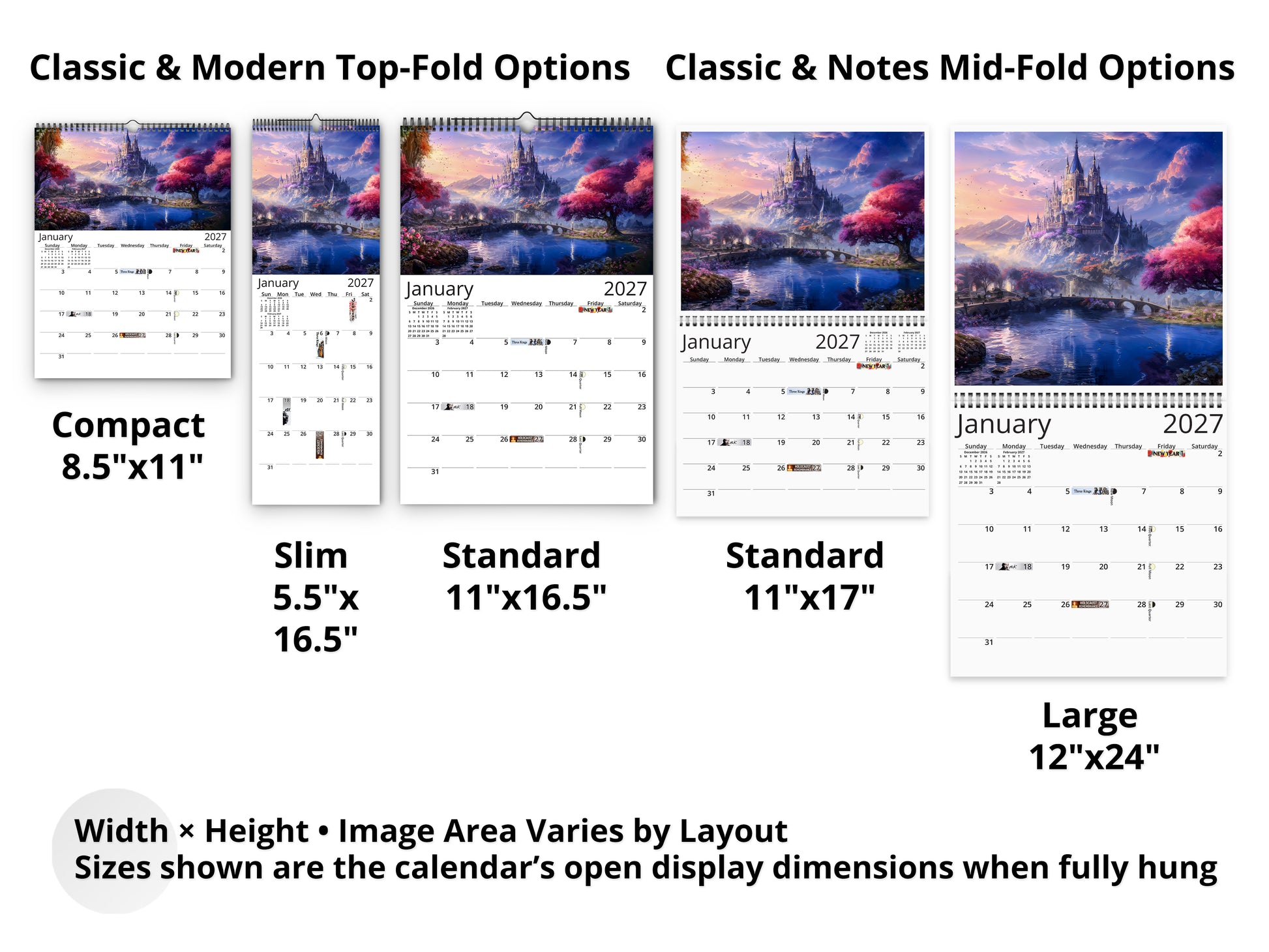 Enchanted Realms 2027 wall calendar layout and size options