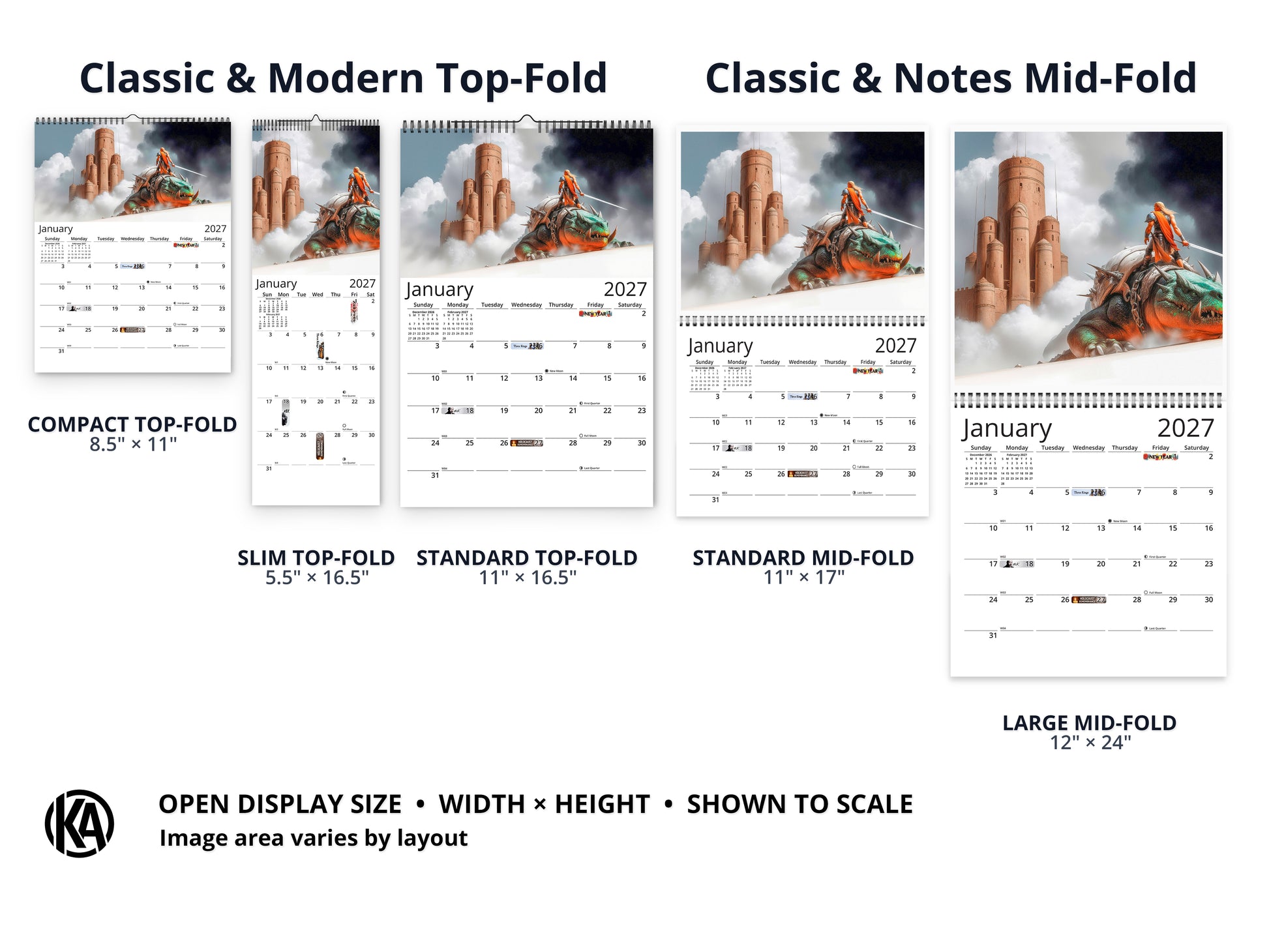 Epic Fantasy 2027 wall calendar layout and size options