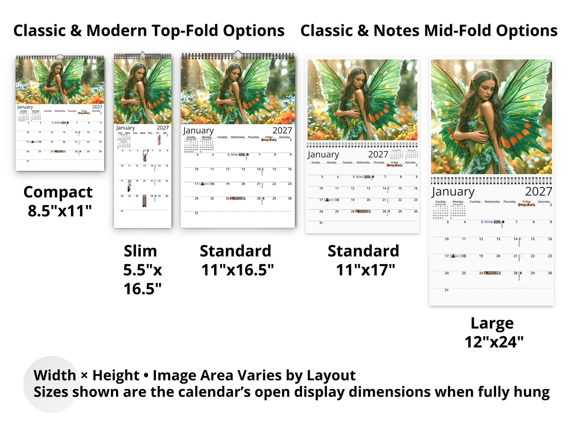 Fairy 2027 wall calendar layout and size options