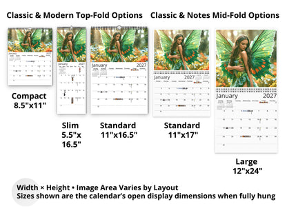 Fairy 2027 wall calendar layout and size options