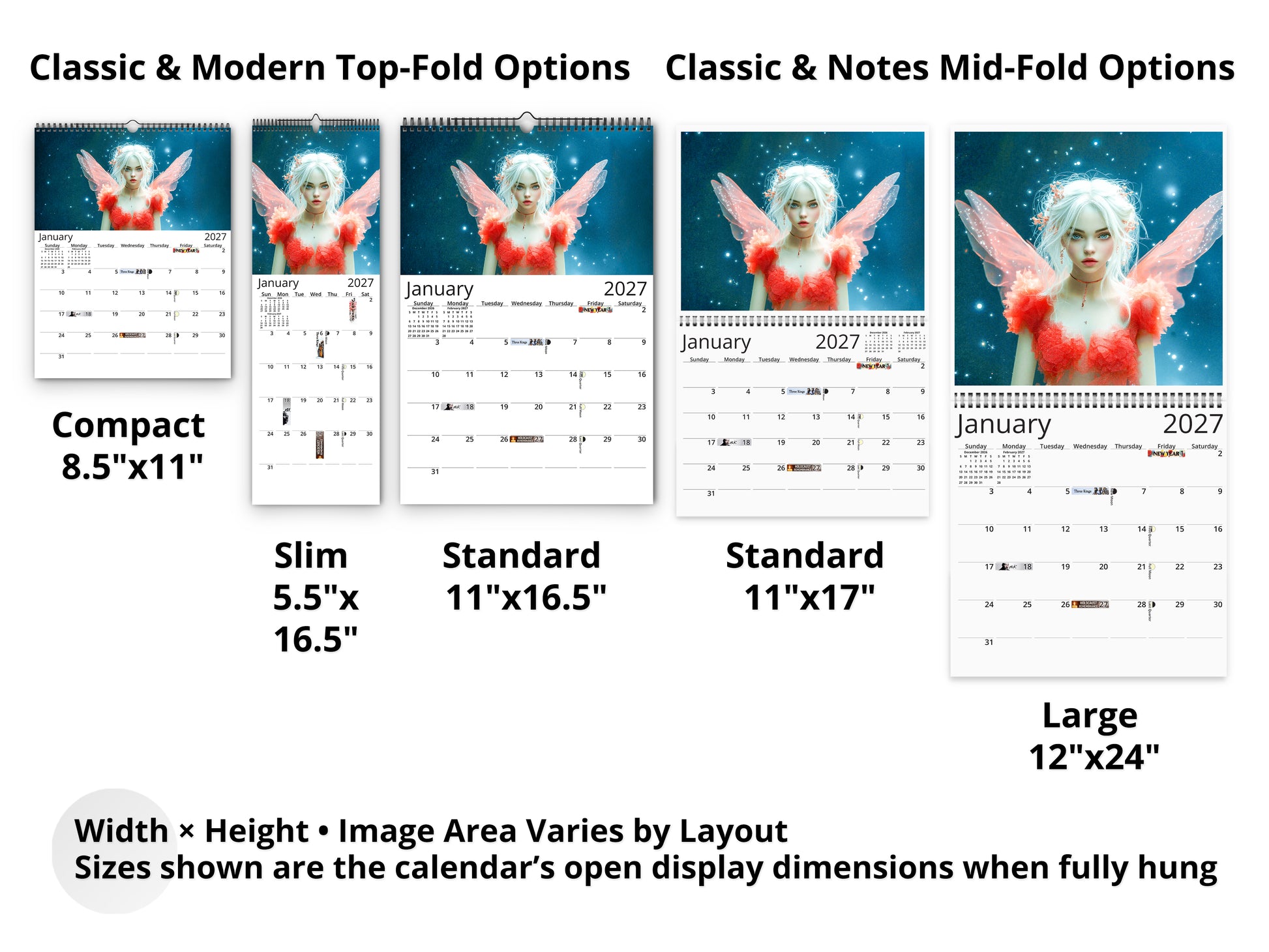 Fairy Dream 2027 wall calendar layout and size options