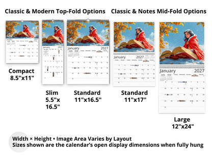 Fairytale Books 2027 wall calendar layout and size options