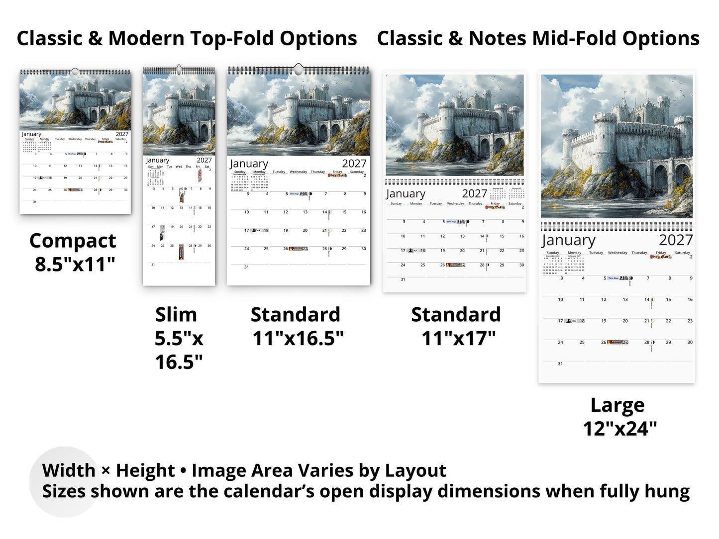 Fantasy Castle 2027 wall calendar layout and size options