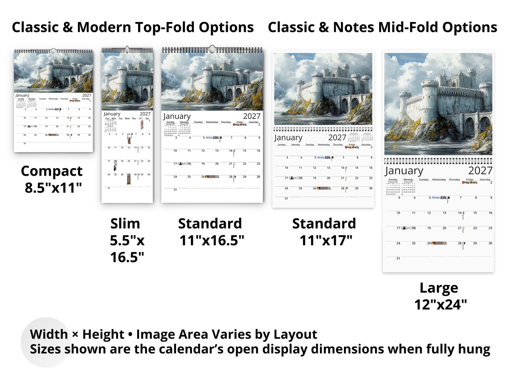 Fantasy Castle 2027 wall calendar layout and size options