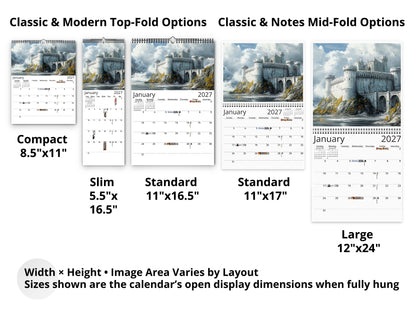 Fantasy Castle 2027 wall calendar layout and size options