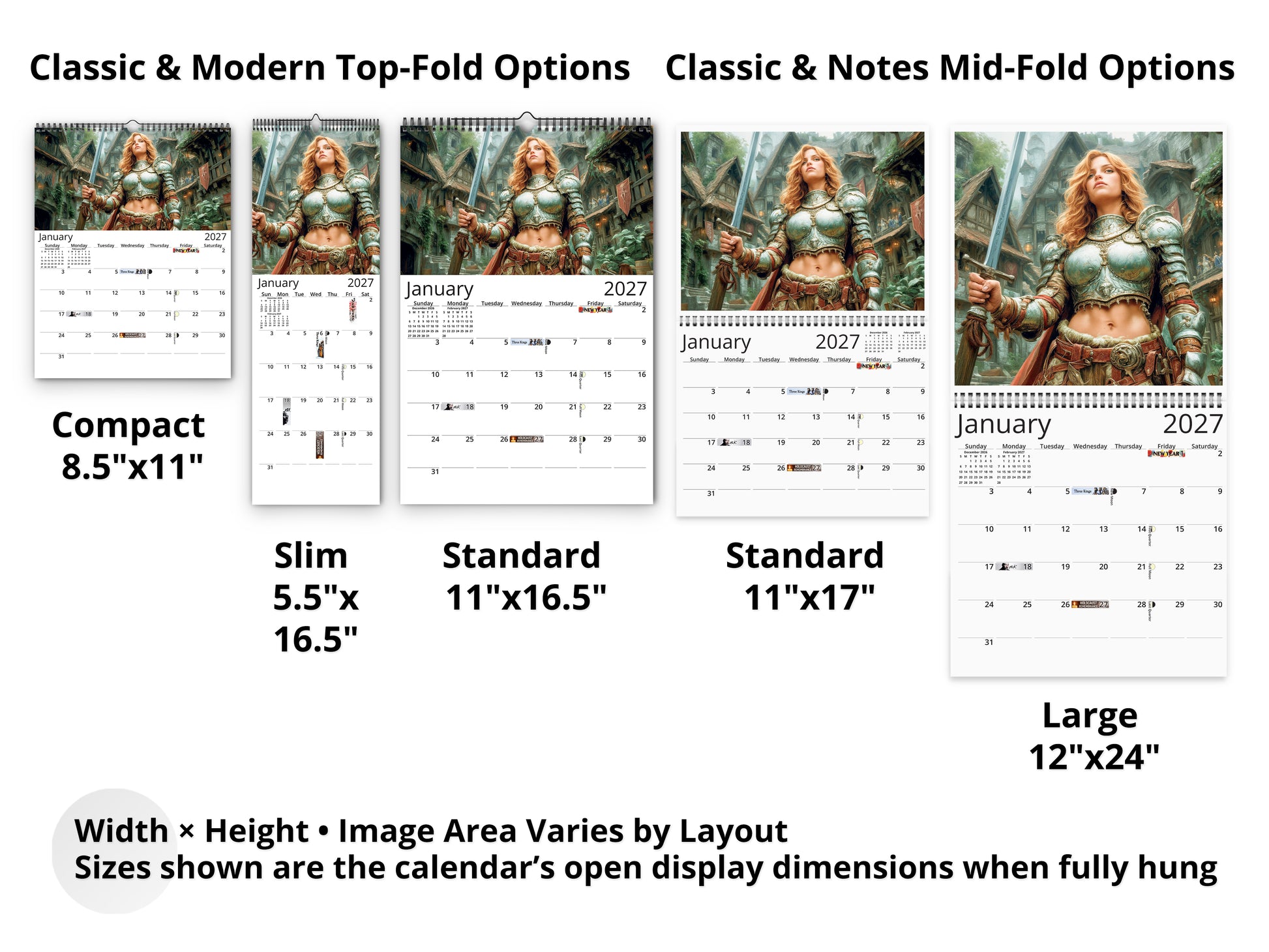 Fantasy Warrioress 2027 wall calendar layout and size options