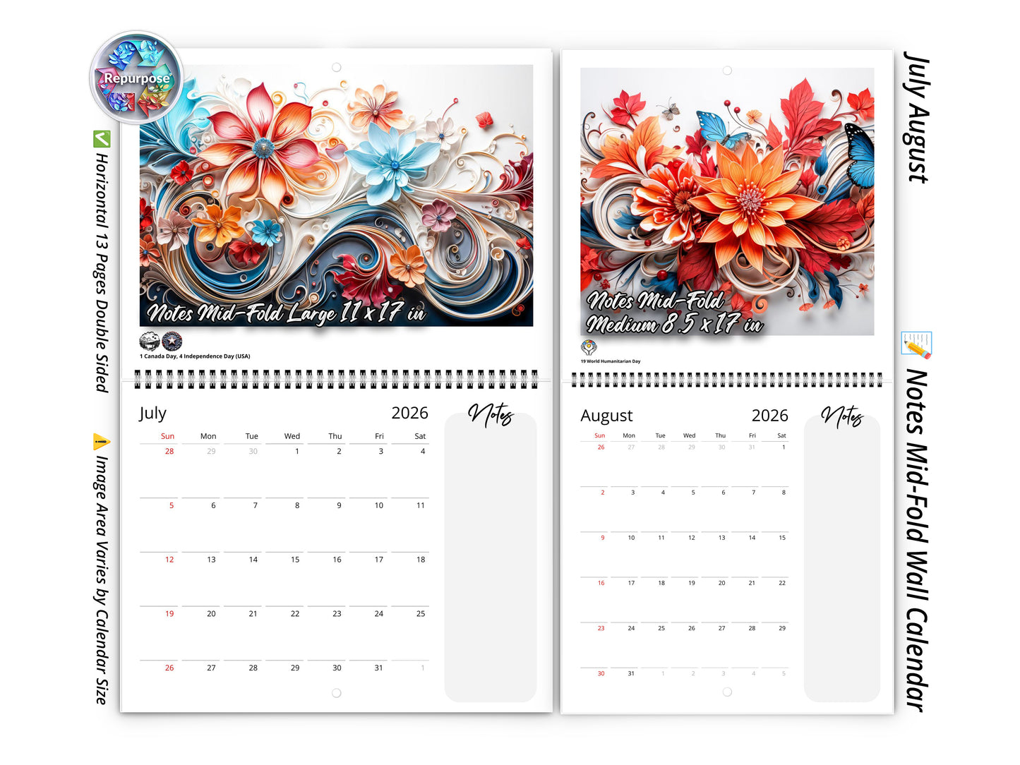 2026 Floral Grace Wall Calendar by Kaleidoscope Artisan – Elegant Bloom with Holidays