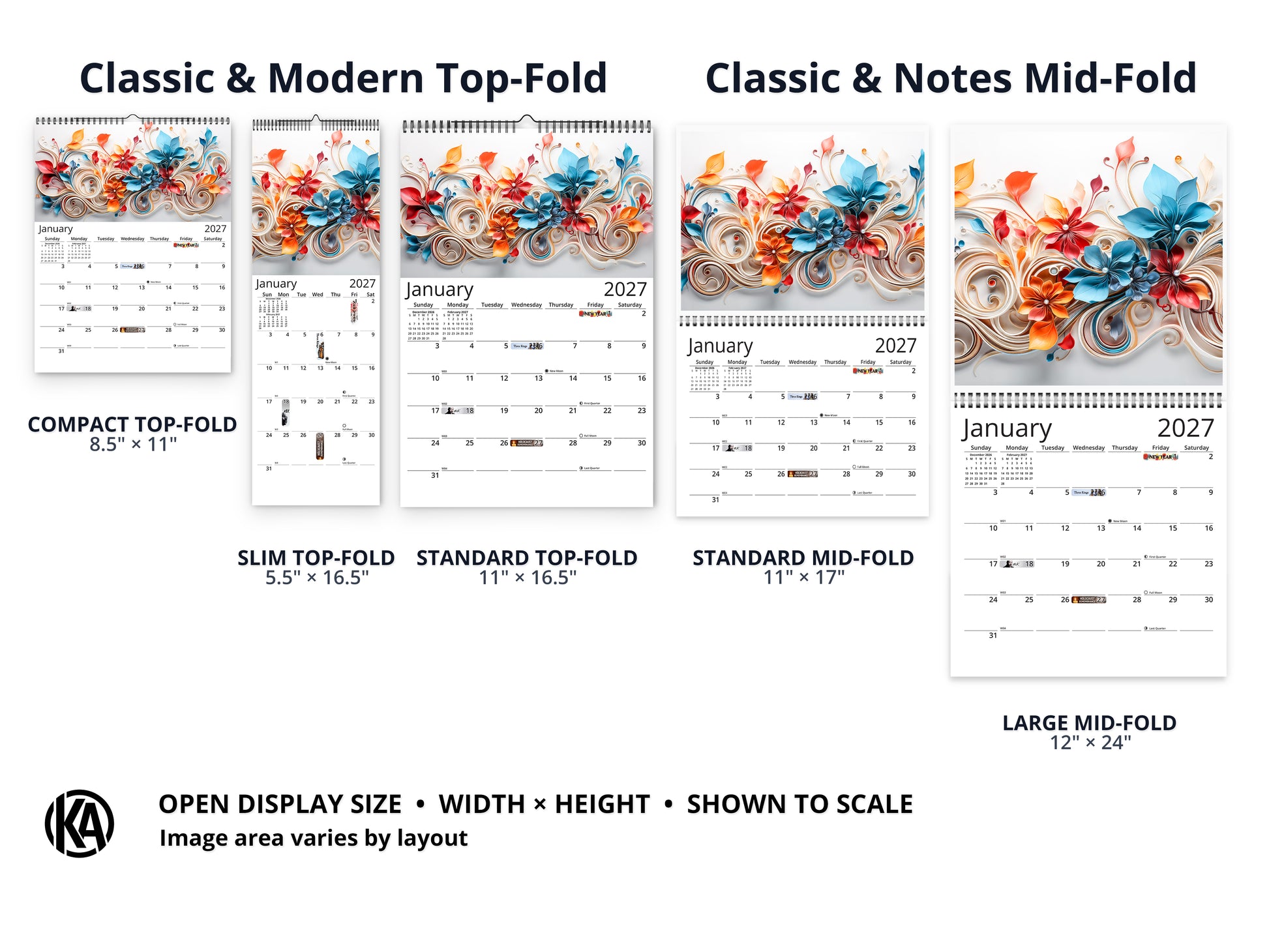Floral Grace 2027 wall calendar layout and size options