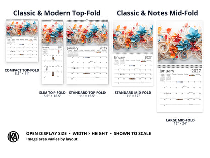 Floral Grace 2027 wall calendar layout and size options
