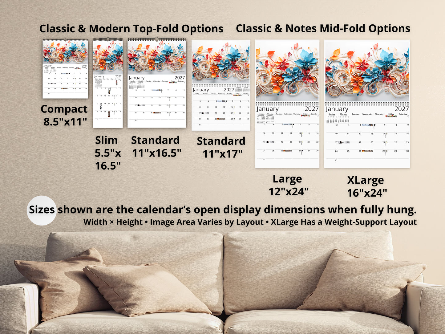 Calendario de pared Floral Grace 2026 de Kaleidoscope Artisan: Floración elegante con festividades