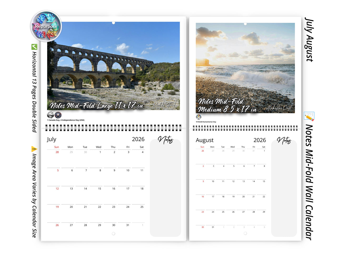 2026 France Vistas Photography Wall Calendar by Kaleidoscope Artisan – Captivating French Landscapes with Holidays