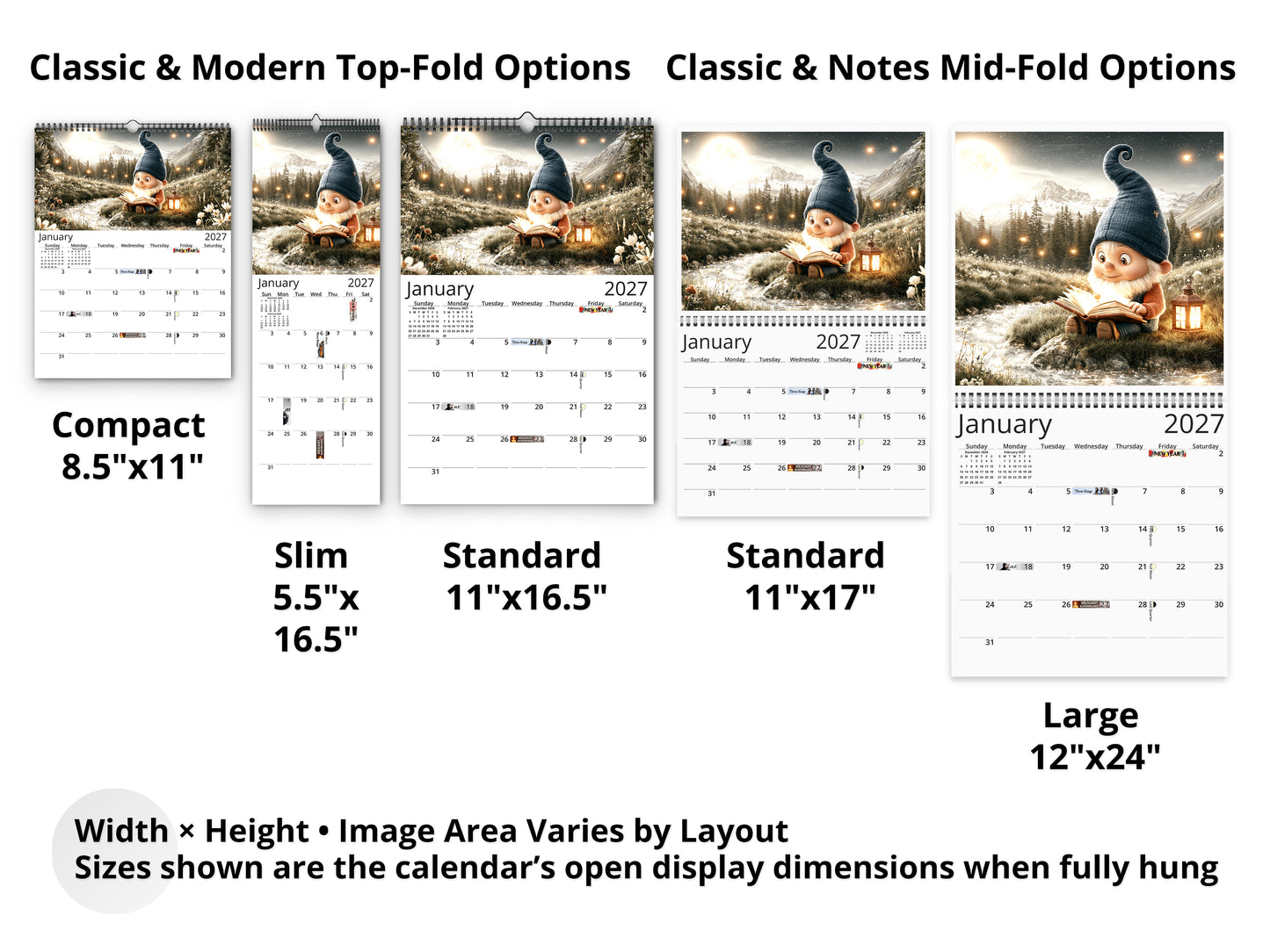 Gnome Book Club 2027 wall calendar layout and size options