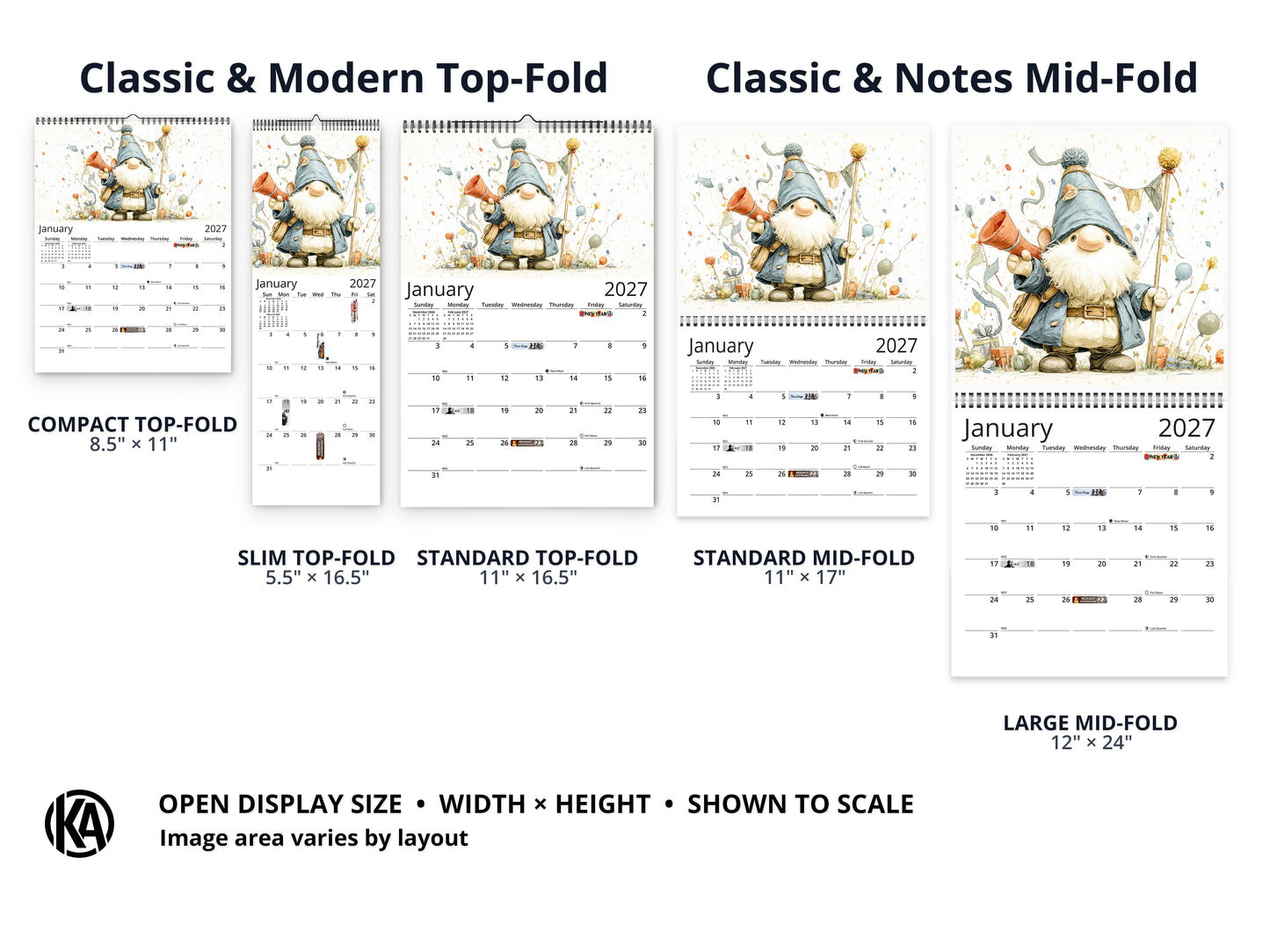 Gnome Holidays 2027 wall calendar layout and size options