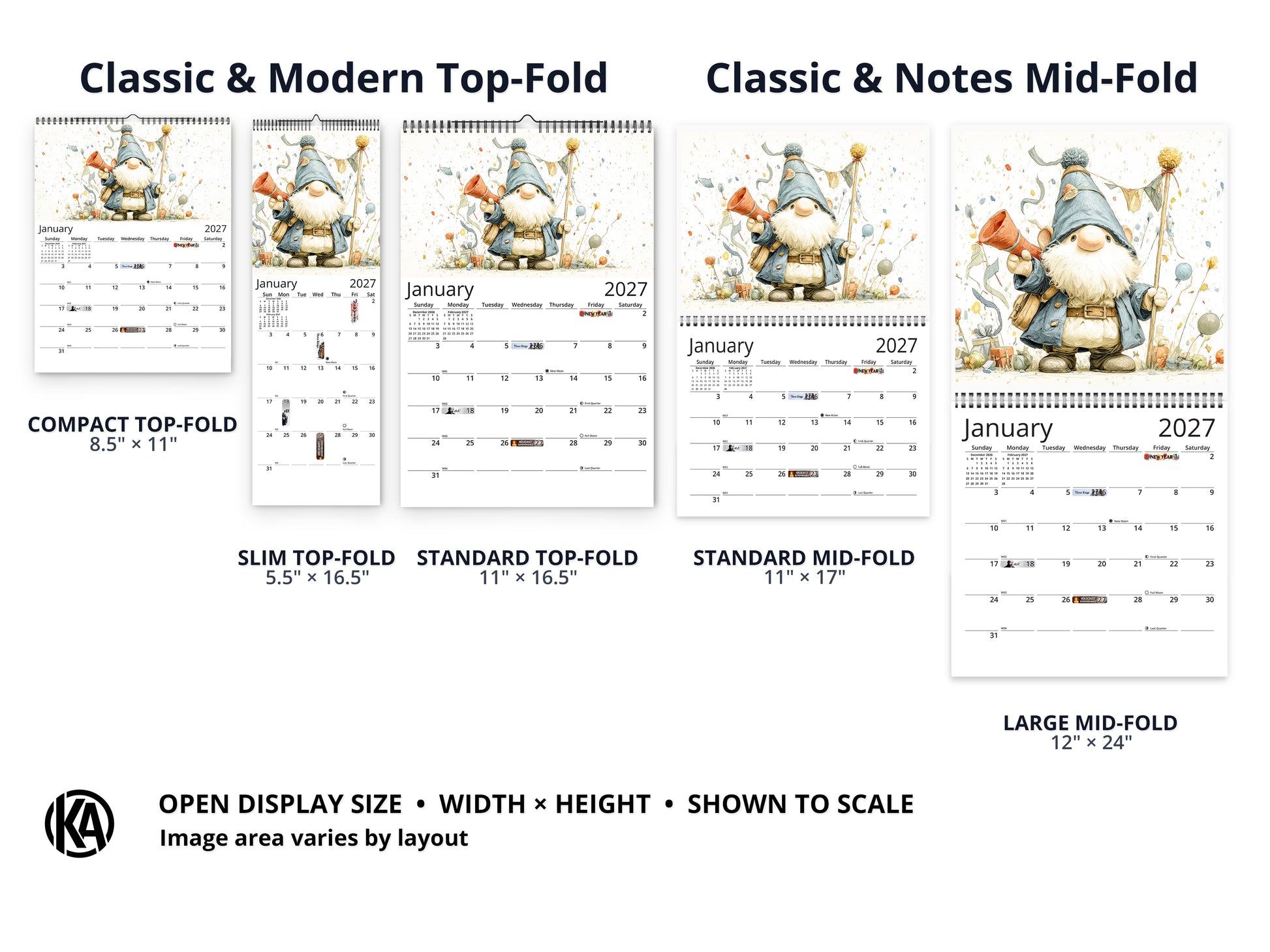 Gnome Holidays 2027 wall calendar layout and size options