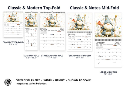 Gnome Holidays 2027 wall calendar layout and size options