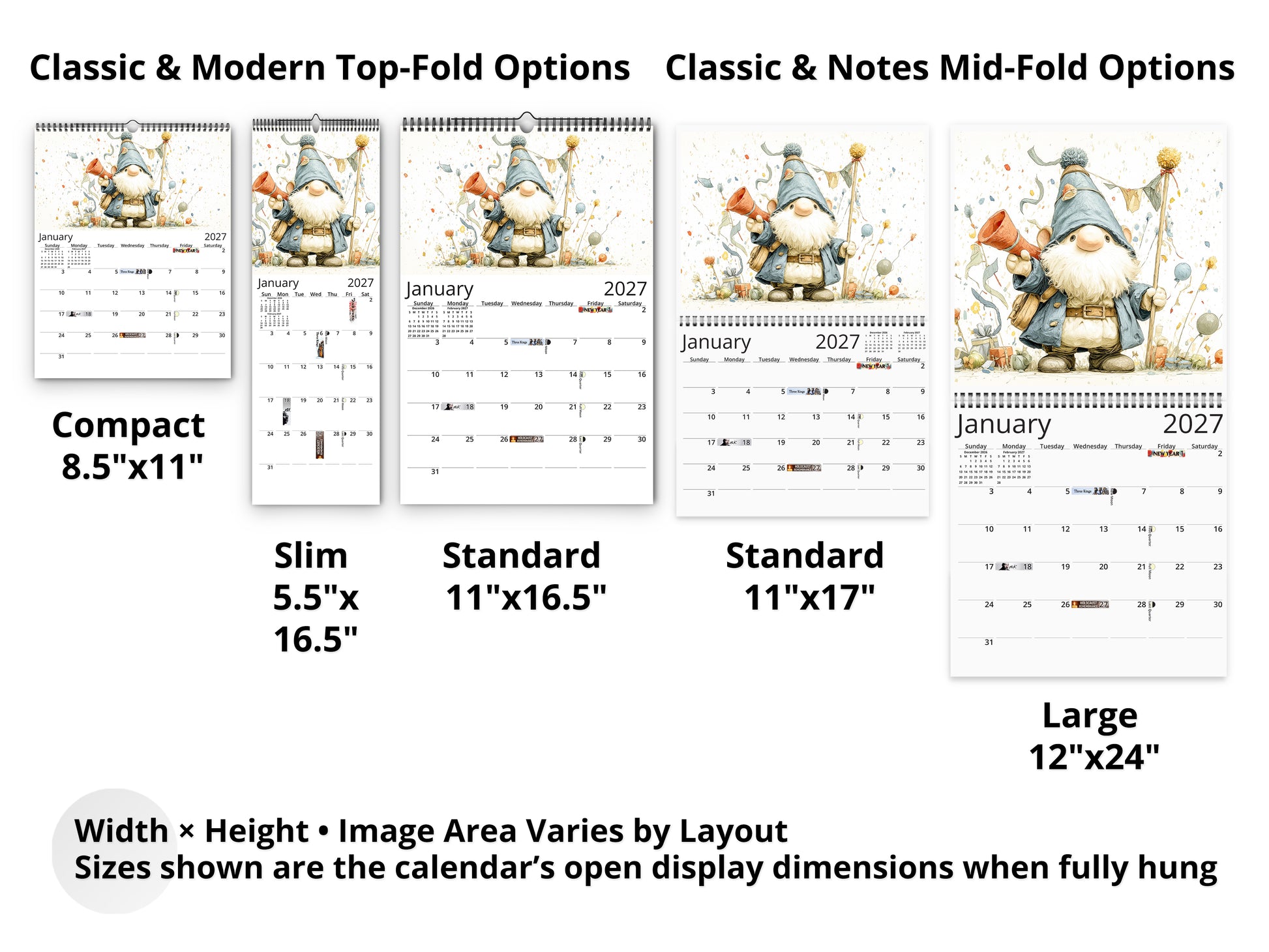 Comparison chart of different calendar sizes with gnomes on the cover.