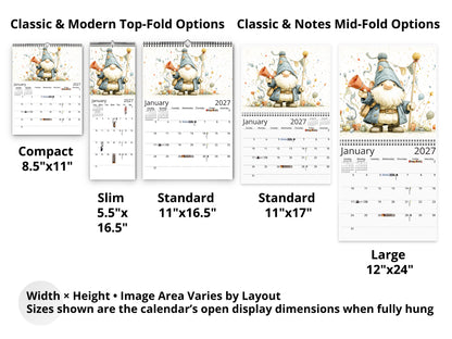 Comparison chart of different calendar sizes with gnomes on the cover.