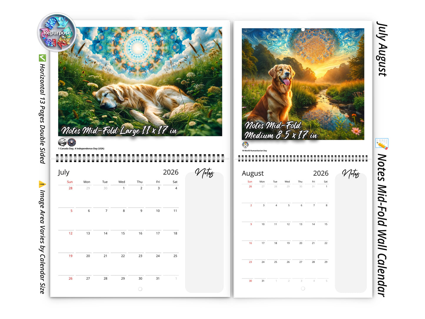 2026 Golden Retriever Wall Calendar by Kaleidoscope Artisan – Joyful Dog Art with Holidays