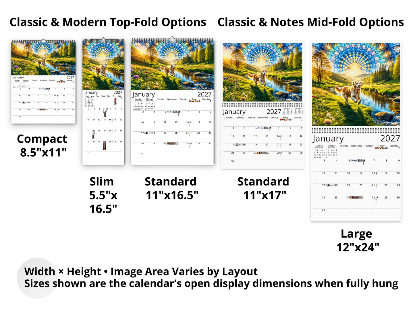 Golden Retriever 2027 wall calendar layout and size options