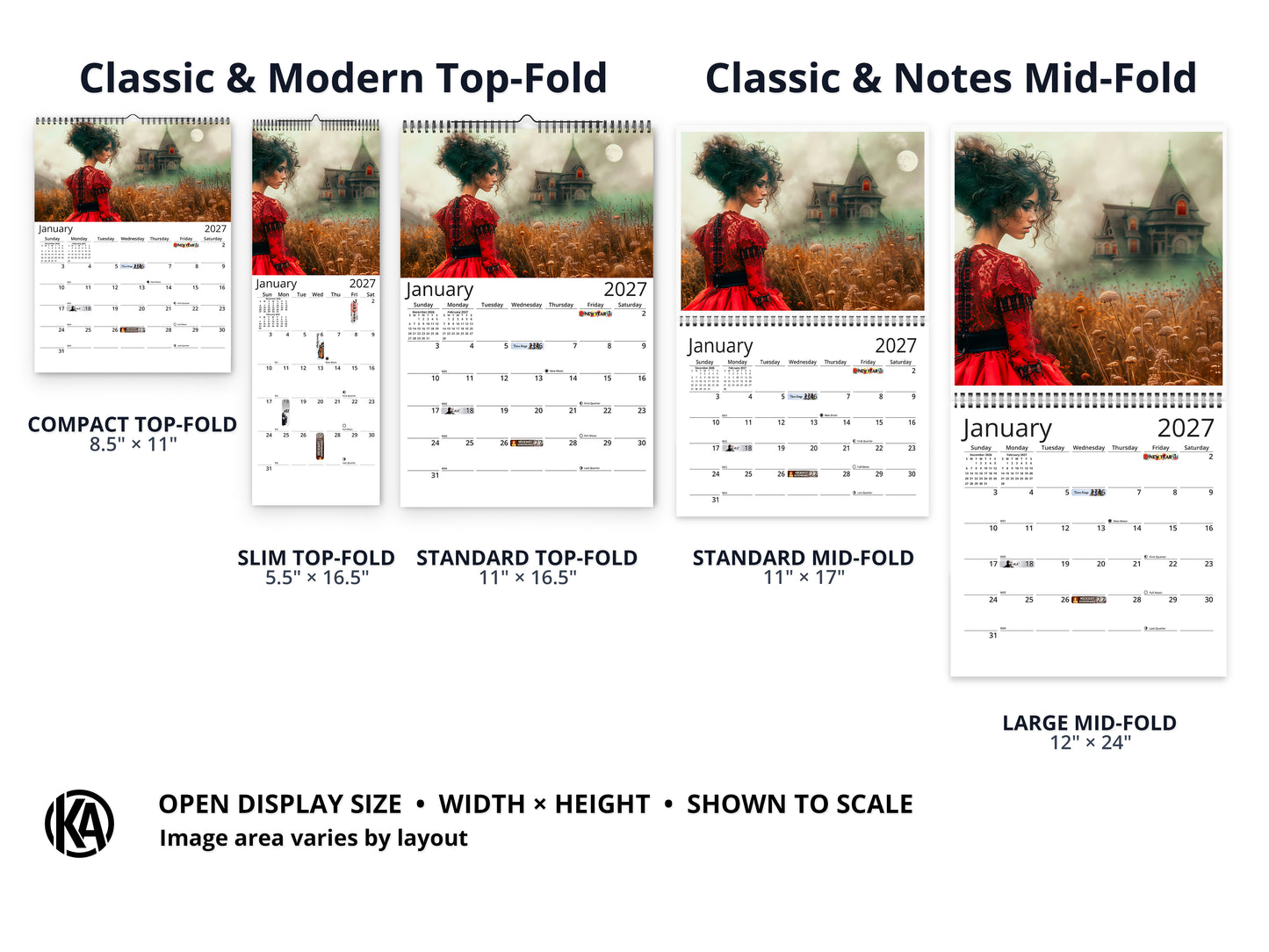 Gothic Dream 2027 wall calendar layout and size options