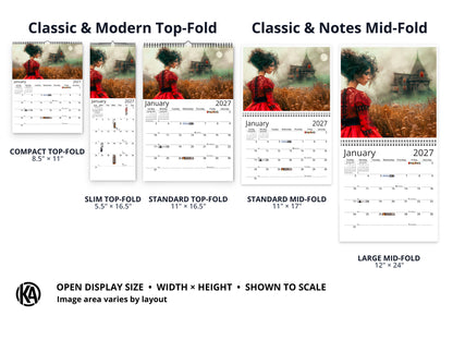 Gothic Dream 2027 wall calendar layout and size options