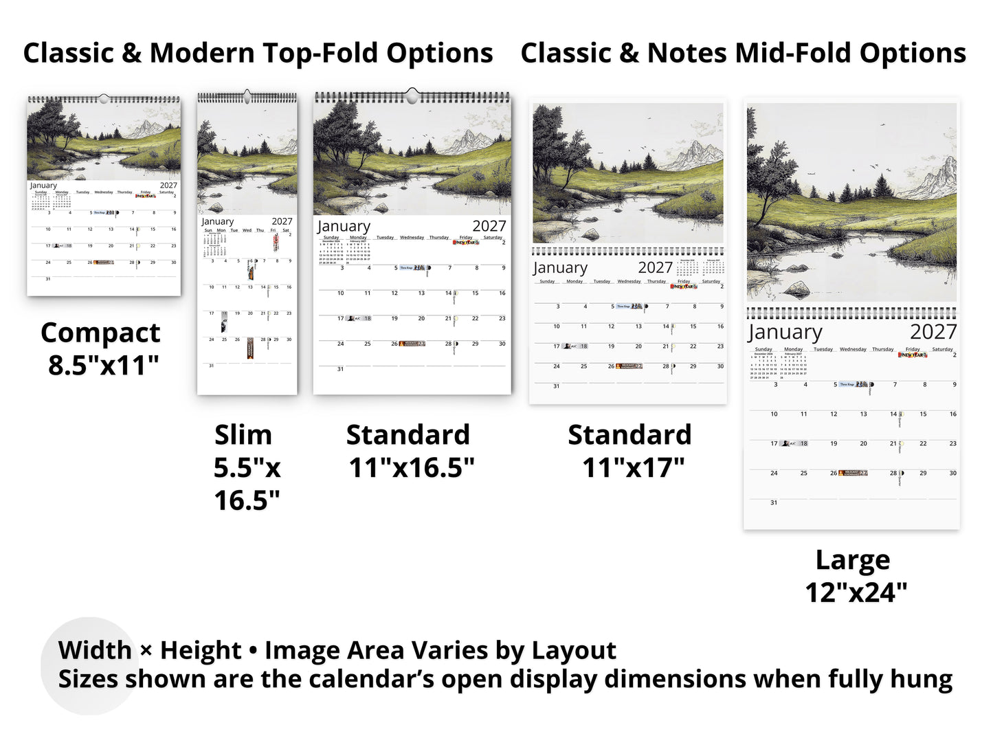 Illustrated Moments 2027 wall calendar layout and size options