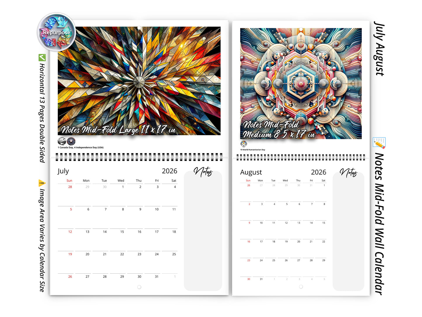 2026 Kaleidoscopic Art Wall Calendar by Kaleidoscope Artisan – Colorful Harmony with Holidays