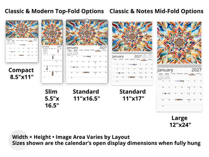 Kaleidoscopic Art 2027 wall calendar layout and size options
