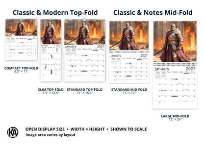 Knight’s Oath 2027 wall calendar layout and size options