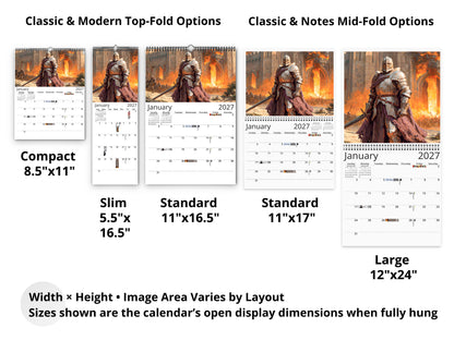 2027 Knight’s Oath Wall Calendar by Kaleidoscope Artisan – Heroic Valor with Holidays