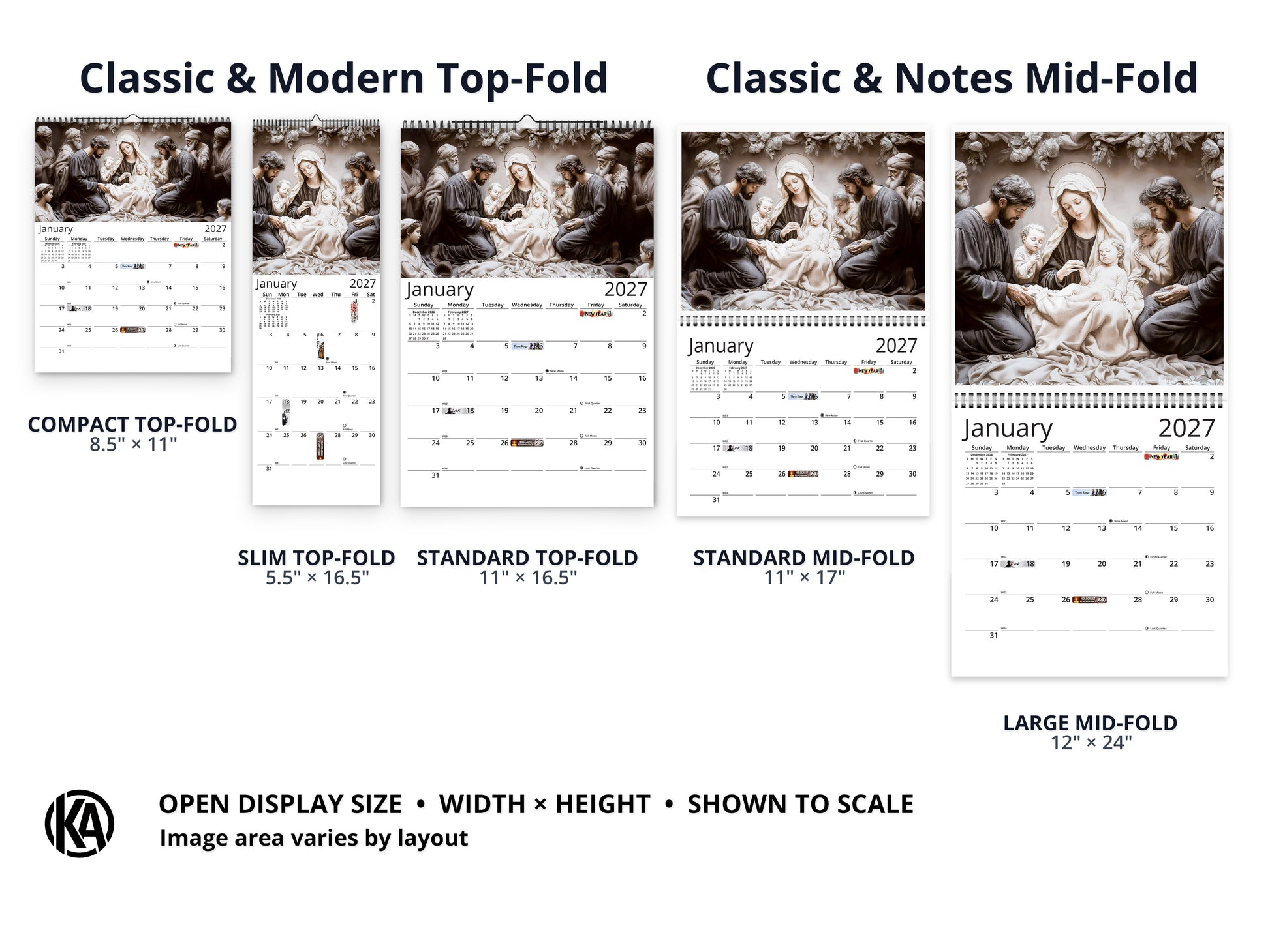 Light of Jesus 2027 wall calendar layout and size options