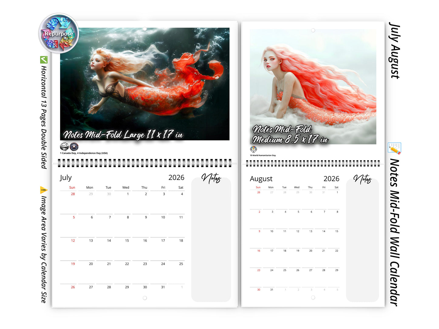 2026 Mermaid Dream Wall Calendar by Kaleidoscope Artisan – Enchanting Underwater Realms with Holidays