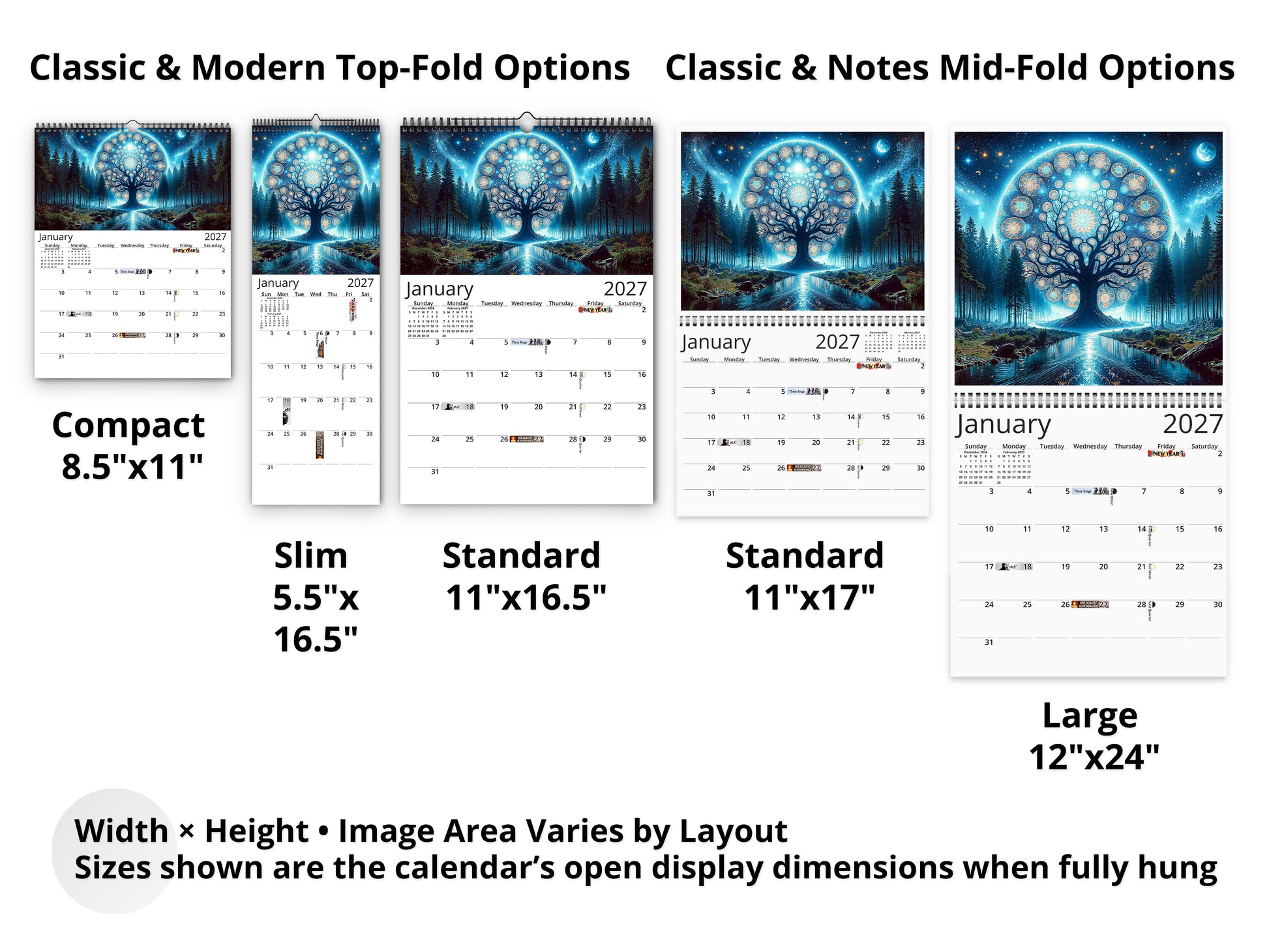 Moonlit Mystique 2027 wall calendar layout and size options