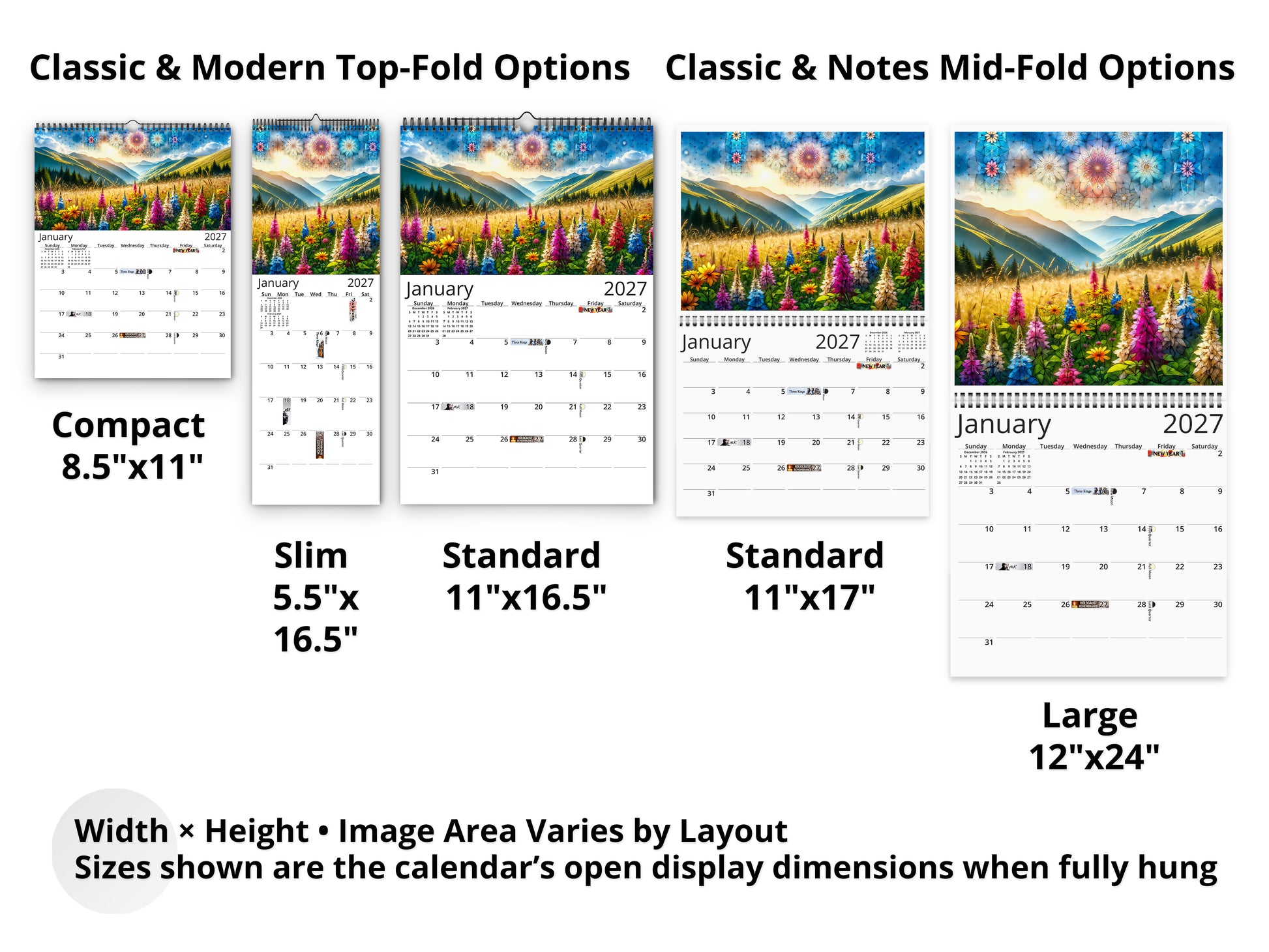 Mountain Wildflowers 2027 wall calendar layout and size options